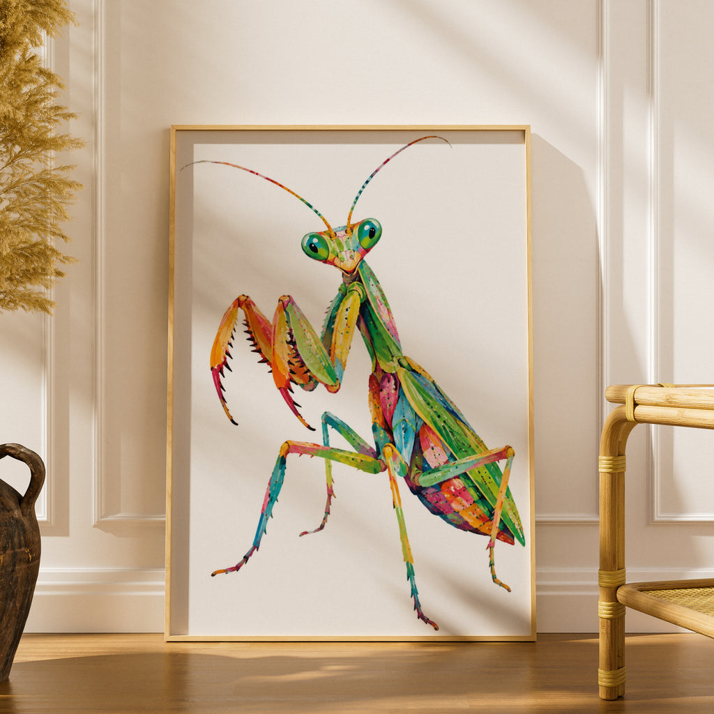 Colourful Praying Mantis Poster, Vibrant Insect Wall Art, Bold Bug Print, Nature Lover Gift, Quirky Wildlife Decor for Home or Office