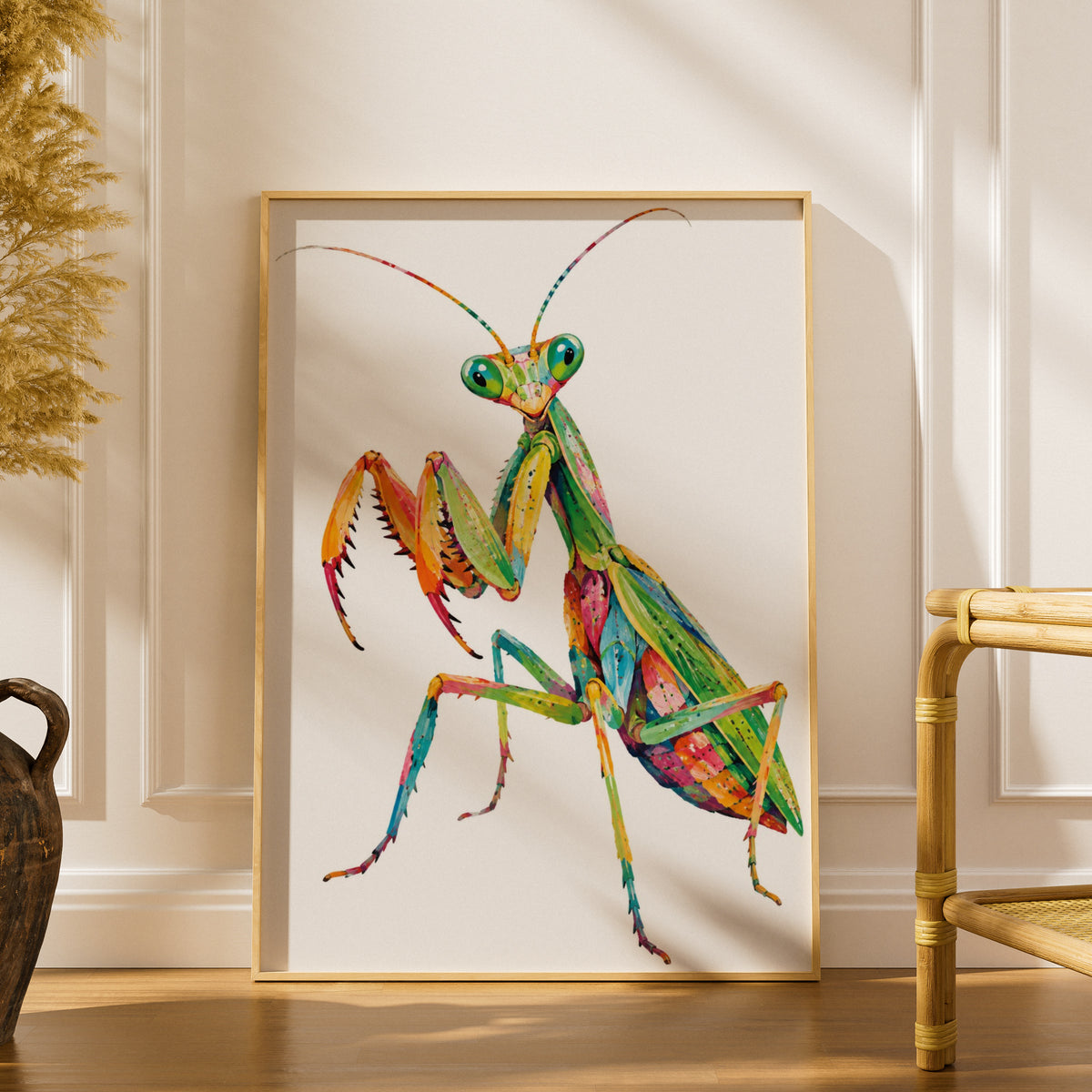 Colourful Praying Mantis Poster, Vibrant Insect Wall Art, Bold Bug Print, Nature Lover Gift, Quirky Wildlife Decor for Home or Office