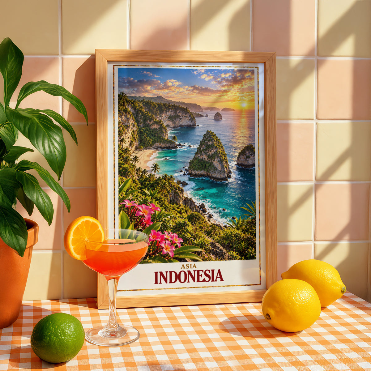Indonesia Travel Poster, Tropical Island Sunset Wall Art, Bali Coastal Cliff Print, Turquoise Ocean Beach, Asia Travel Decor, Holiday Gift