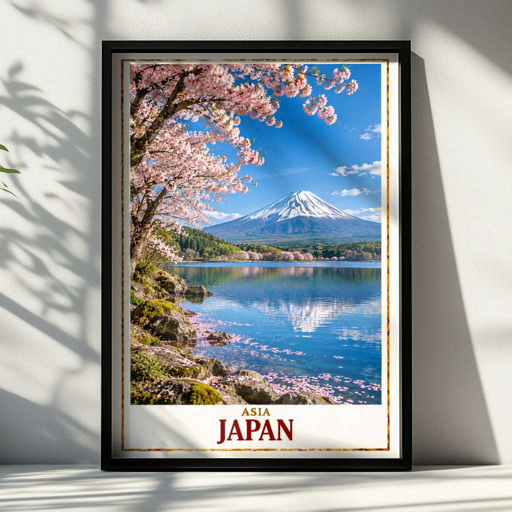Japan Travel Poster, Mount Fuji Cherry Blossom Print, Japanese Wall Art, Sakura Lake Reflection, Asia Landscape Poster, Living Room Decor