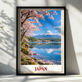 Japan Travel Poster, Mount Fuji Cherry Blossom Print, Japanese Wall Art, Sakura Lake Reflection, Asia Landscape Poster, Living Room Decor