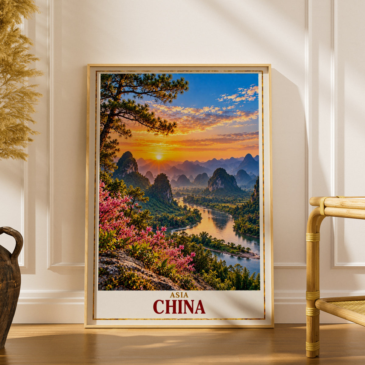 China Travel Poster, Guilin Karst Mountains Li River Sunset Wall Art, Asian Landscape Print, Living Room Decor, China Gift for Travellers