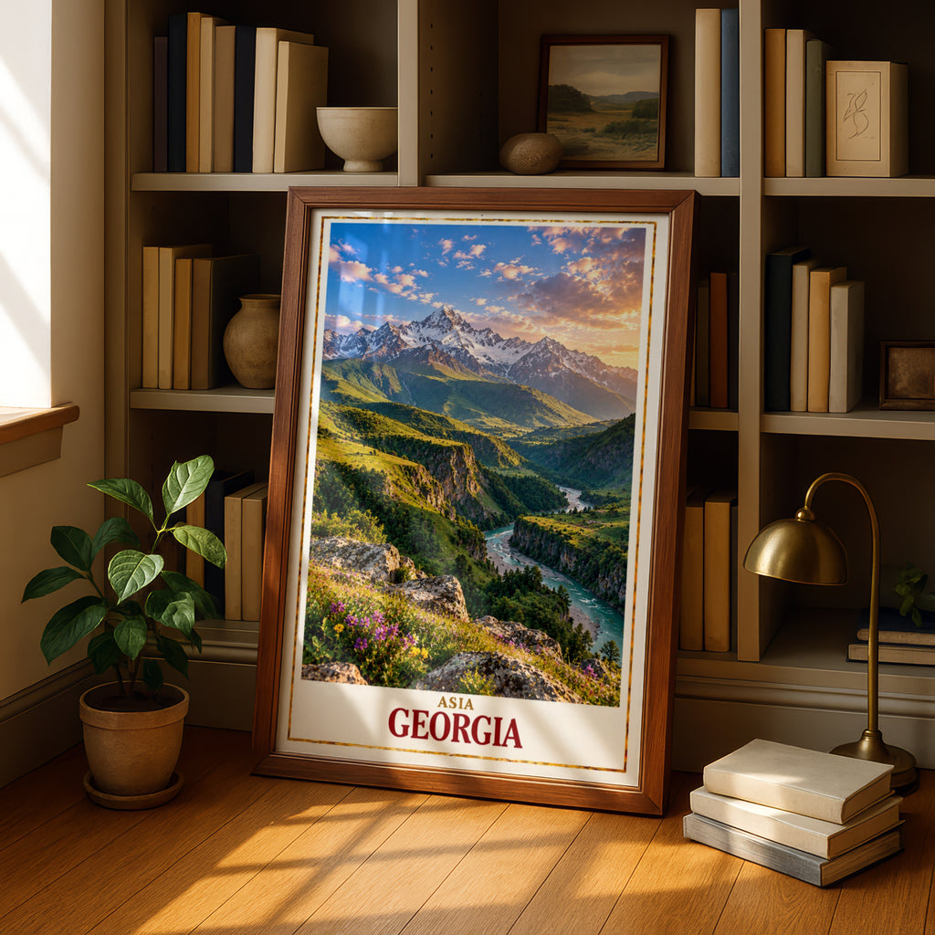Georgia Travel Poster, Caucasus Mountain Wall Art, Scenic River Valley Print, Georgian Landscape, Adventure Home Decor, Wanderlust Gift