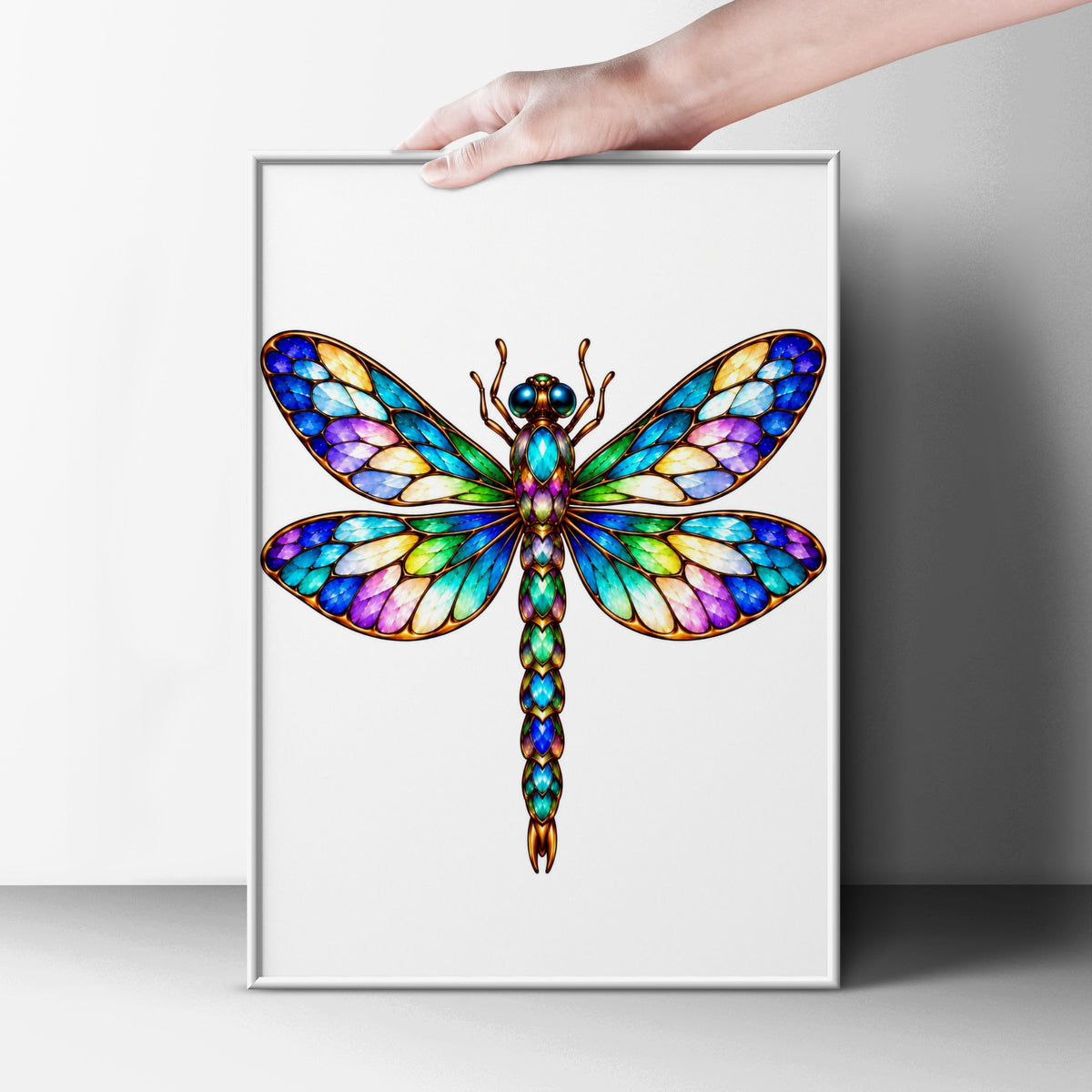Stained Glass Dragonfly Poster, Colourful Jewelled Insect Wall Art, Rainbow Wings Art Nouveau Print, Boho Nature Bedroom Decor Gift
