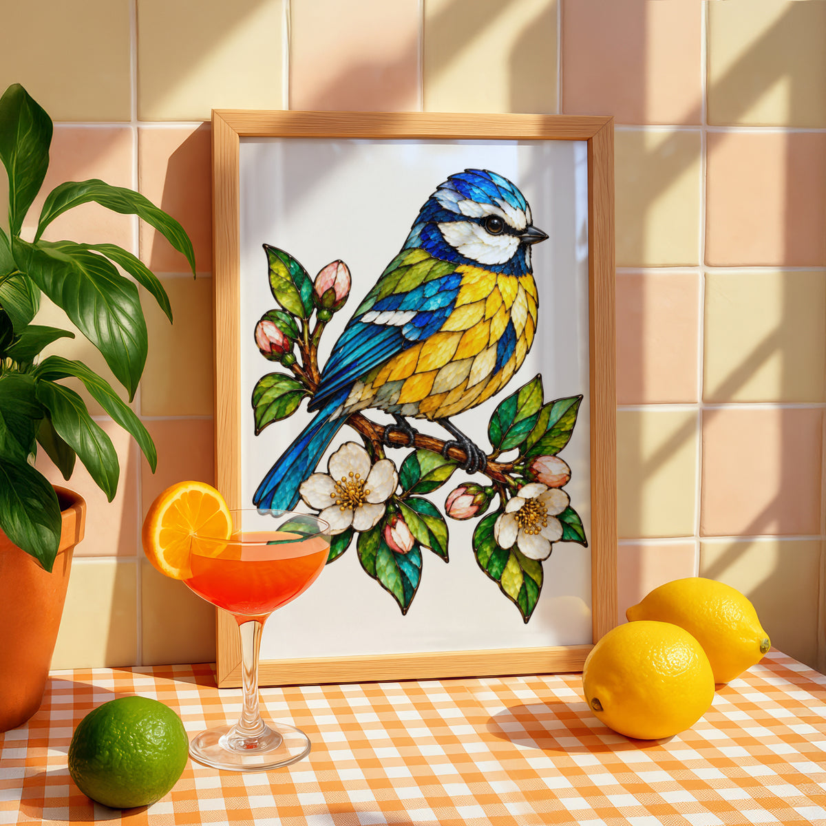 Blue Tit Stained Glass Style Poster, Botanical Bird Wall Art, Colourful Blue Yellow Garden Bird Print, Spring Blossom Nature Poster