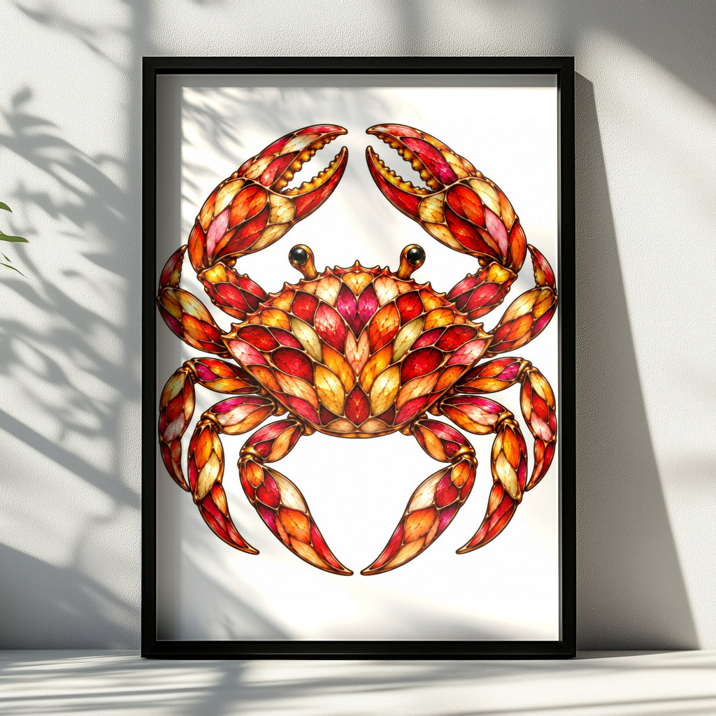 Stained Glass Crab Poster, Red Orange Gold Crab Wall Art, Coastal Wildlife Print, Cancer Zodiac Decor, Nautical Animal Art Poster
