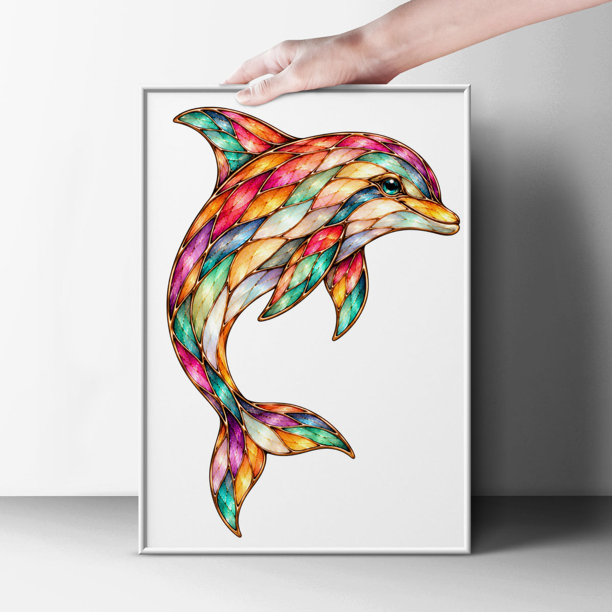 Colourful Dolphin Poster, Stained Glass Style Ocean Wall Art, Mosaic Marine Animal Print, Coastal Home Decor, Rainbow Sea Life Gift