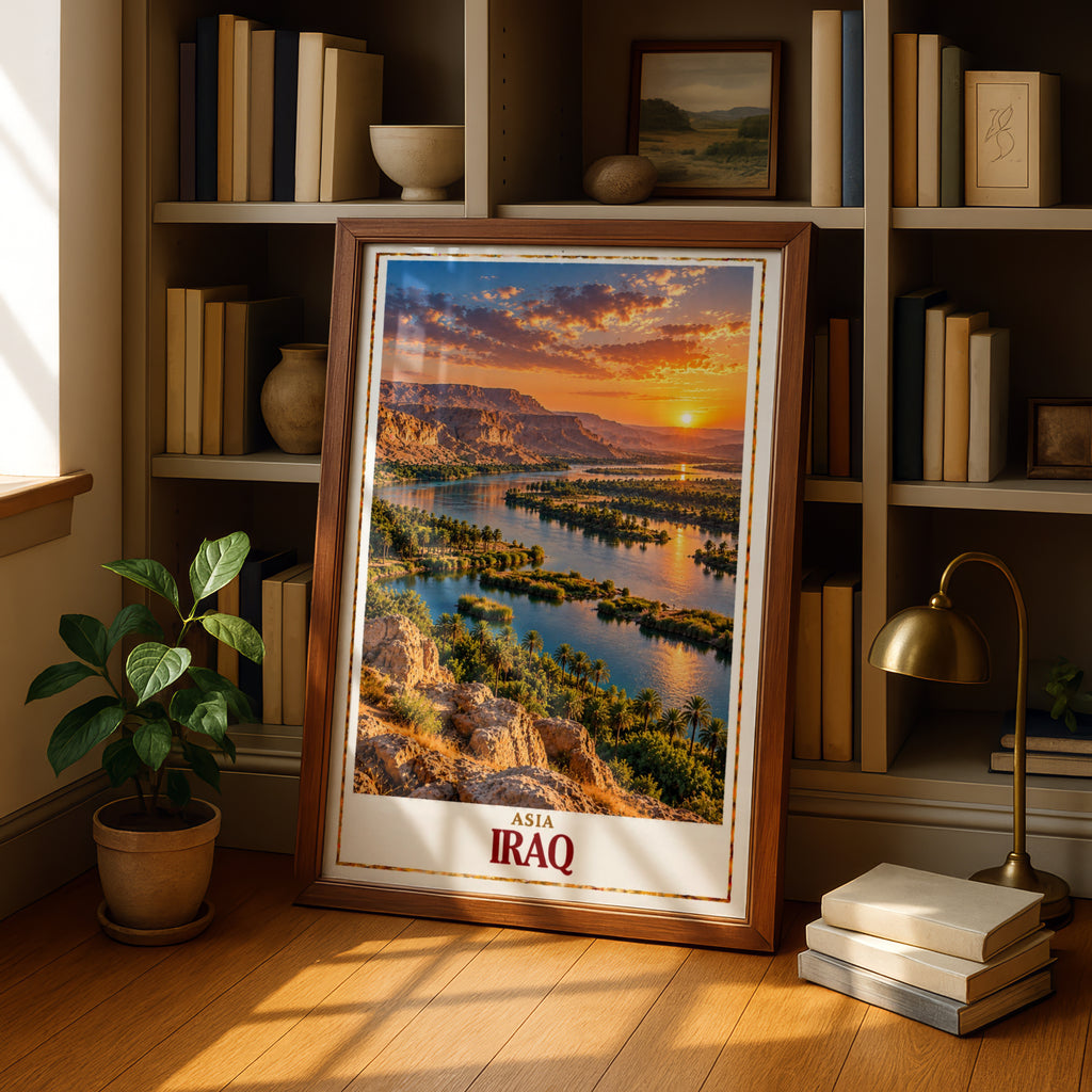 Iraq Travel Poster, Mesopotamia River Sunset Wall Art, Middle East Landscape Print, Palm Trees Desert Scenery, Iraqi Home Decor Gift