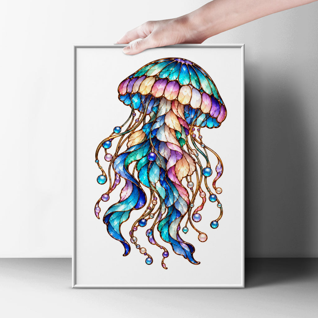 Stained Glass Jellyfish Poster, Colourful Ocean Art Print, Teal Blue Purple Fantasy Sea Wall Art, Coastal Bedroom Decor, Jewelled Marine