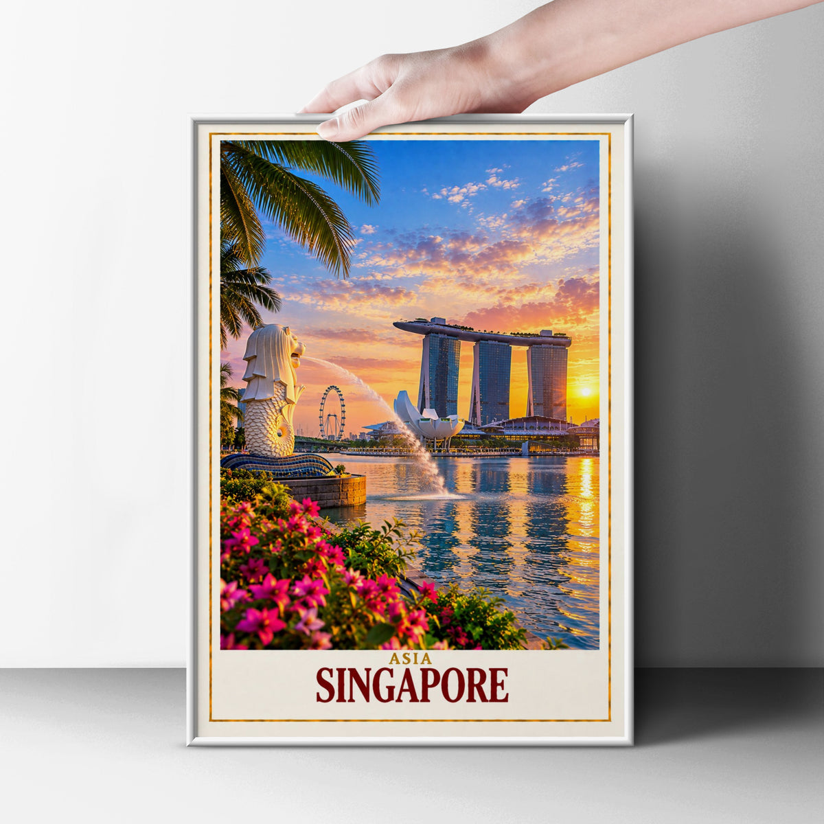 Singapore Travel Poster, Merlion Marina Bay Sands Sunset Wall Art, Asia City Skyline Print, Vibrant Tropical Home Decor Gift for Travellers