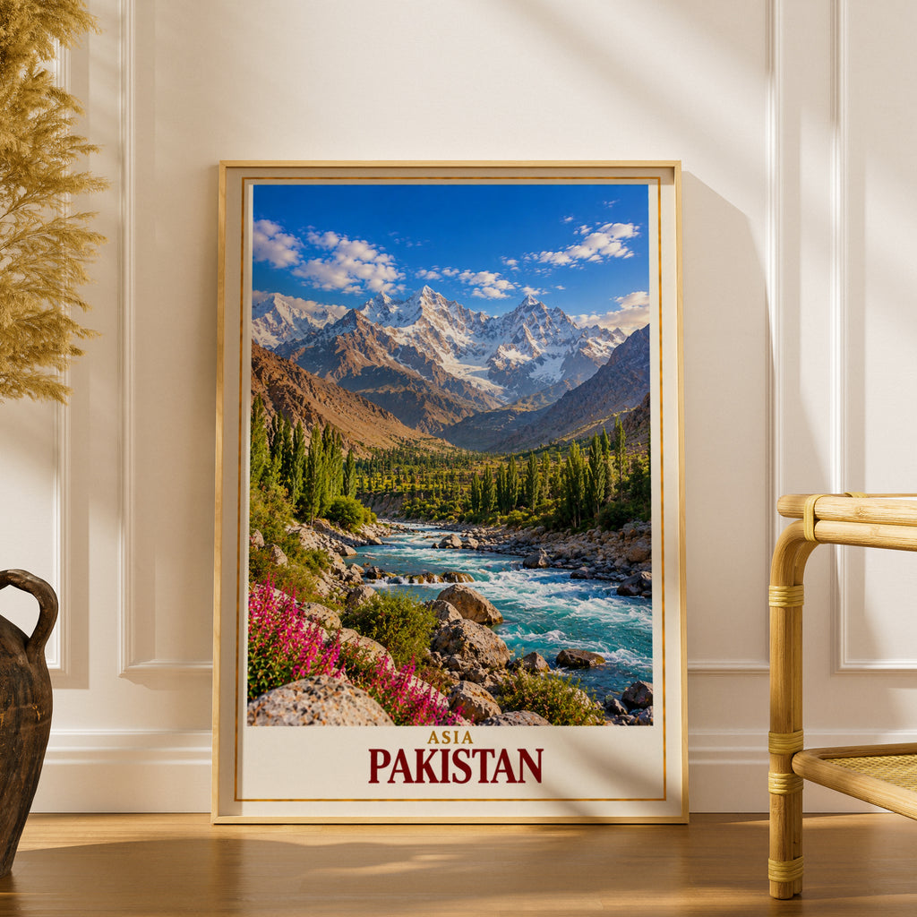 Pakistan Travel Poster, Karakoram Mountain Valley Wall Art, Turquoise River Landscape Print, Asian Adventure Home Decor Gift