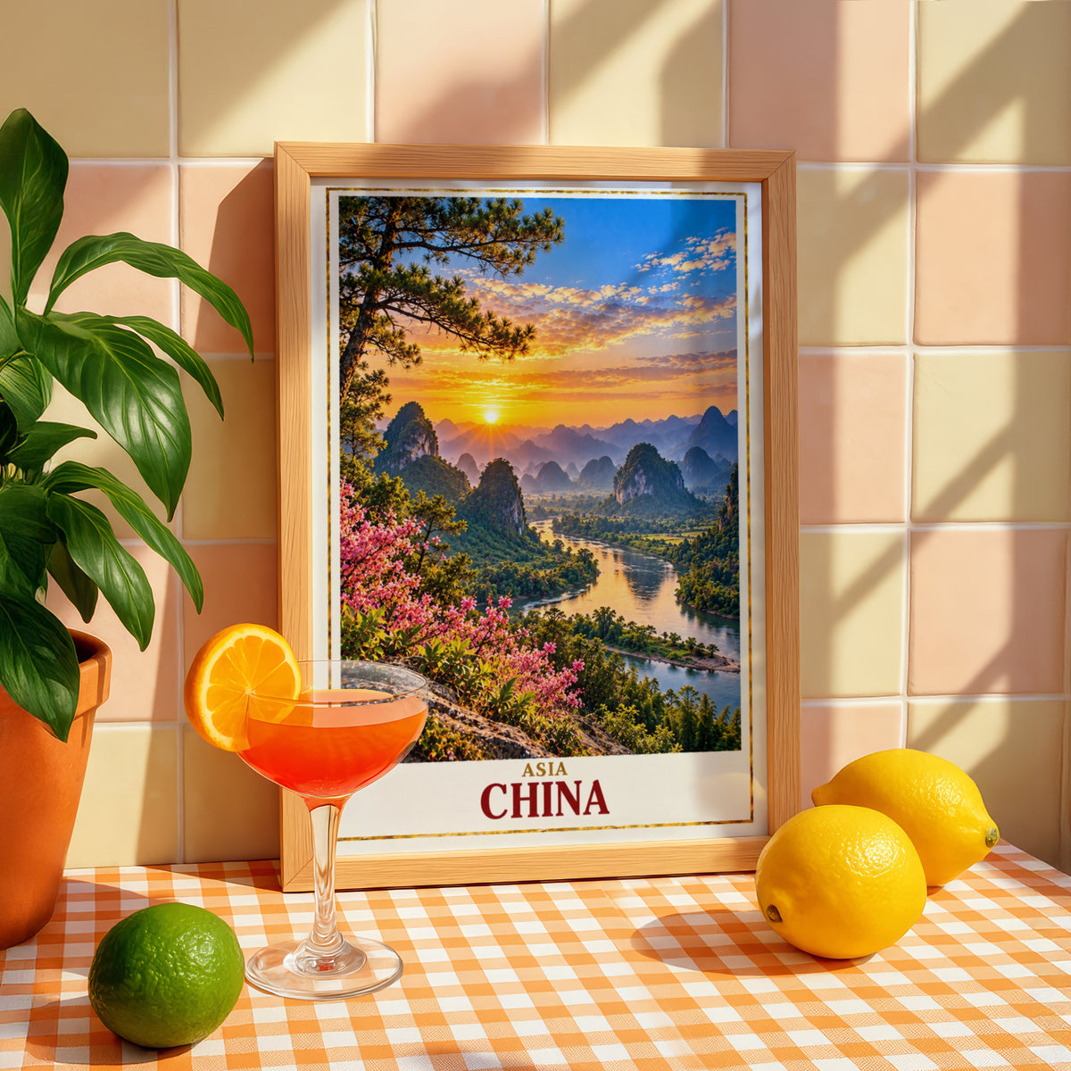 China Travel Poster, Guilin Karst Mountains Li River Sunset Wall Art, Asian Landscape Print, Living Room Decor, China Gift for Travellers