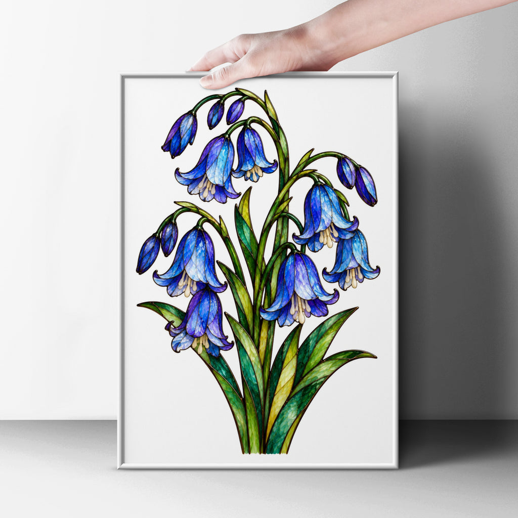 Bluebell Stained Glass Poster, Blue Floral Wall Art, Botanical Bell Flower Print, Nature Lover Gift, Living Room Bedroom Hallway Decor