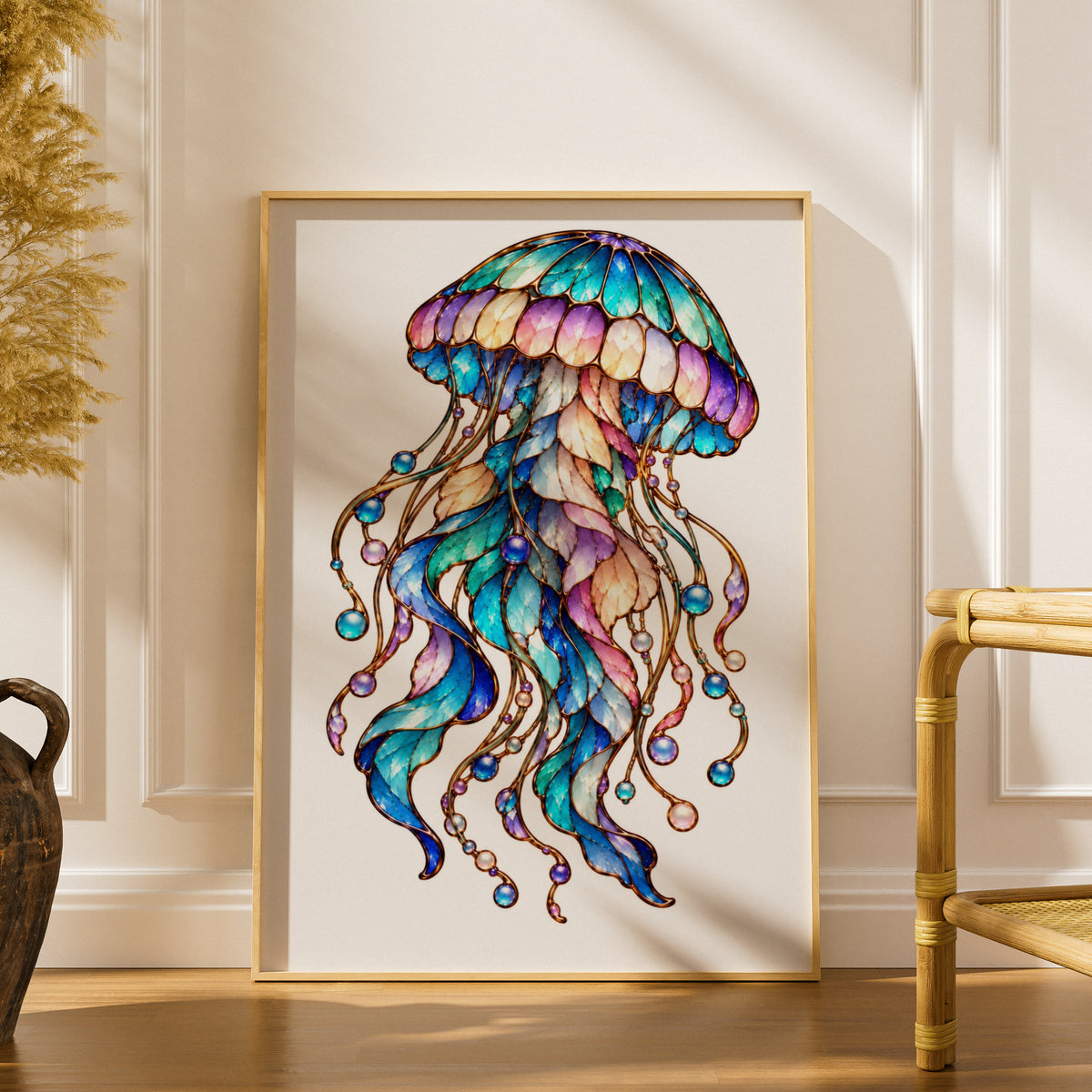 Stained Glass Jellyfish Poster, Colourful Ocean Art Print, Teal Blue Purple Fantasy Sea Wall Art, Coastal Bedroom Decor, Jewelled Marine