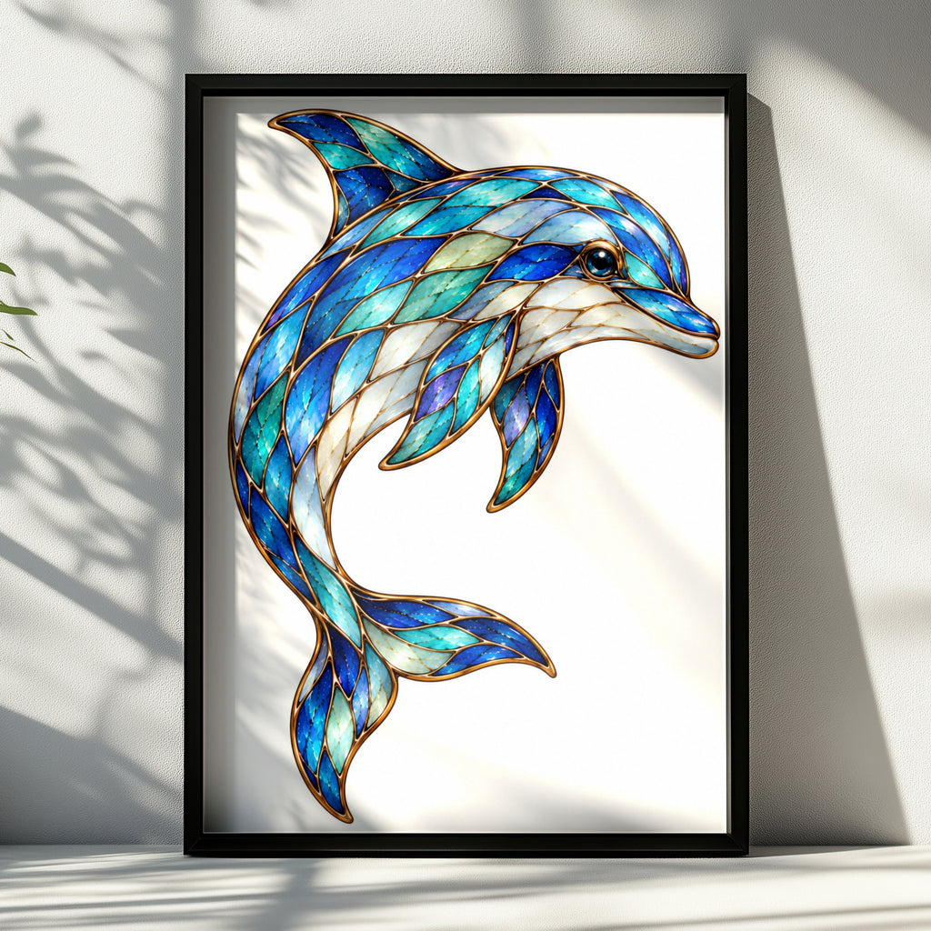 Stained Glass Dolphin Poster, Blue Teal Ocean Wall Art, Mosaic Style Dolphin Print, Coastal Nautical Decor, Marine Wildlife Art Gift