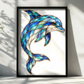Stained Glass Dolphin Poster, Blue Teal Ocean Wall Art, Mosaic Style Dolphin Print, Coastal Nautical Decor, Marine Wildlife Art Gift