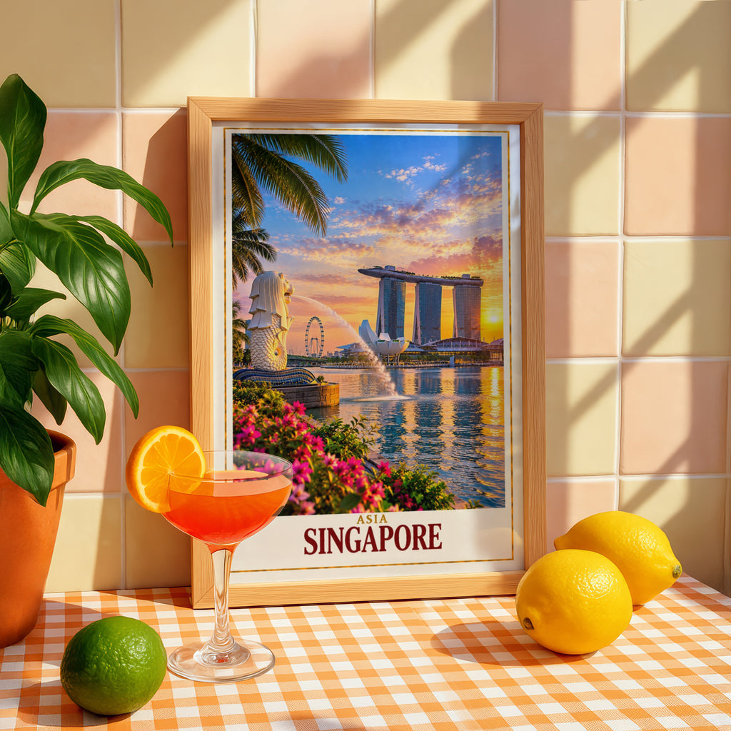 Singapore Travel Poster, Merlion Marina Bay Sands Sunset Wall Art, Asia City Skyline Print, Vibrant Tropical Home Decor Gift for Travellers