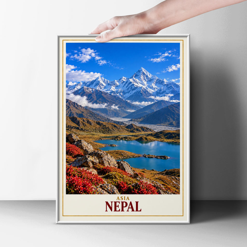 Nepal Travel Poster, Himalayan Mountain Lake Print, Asia Wall Art, Snow Capped Peaks Landscape, Trekking Gift, Adventure Home Decor Poster