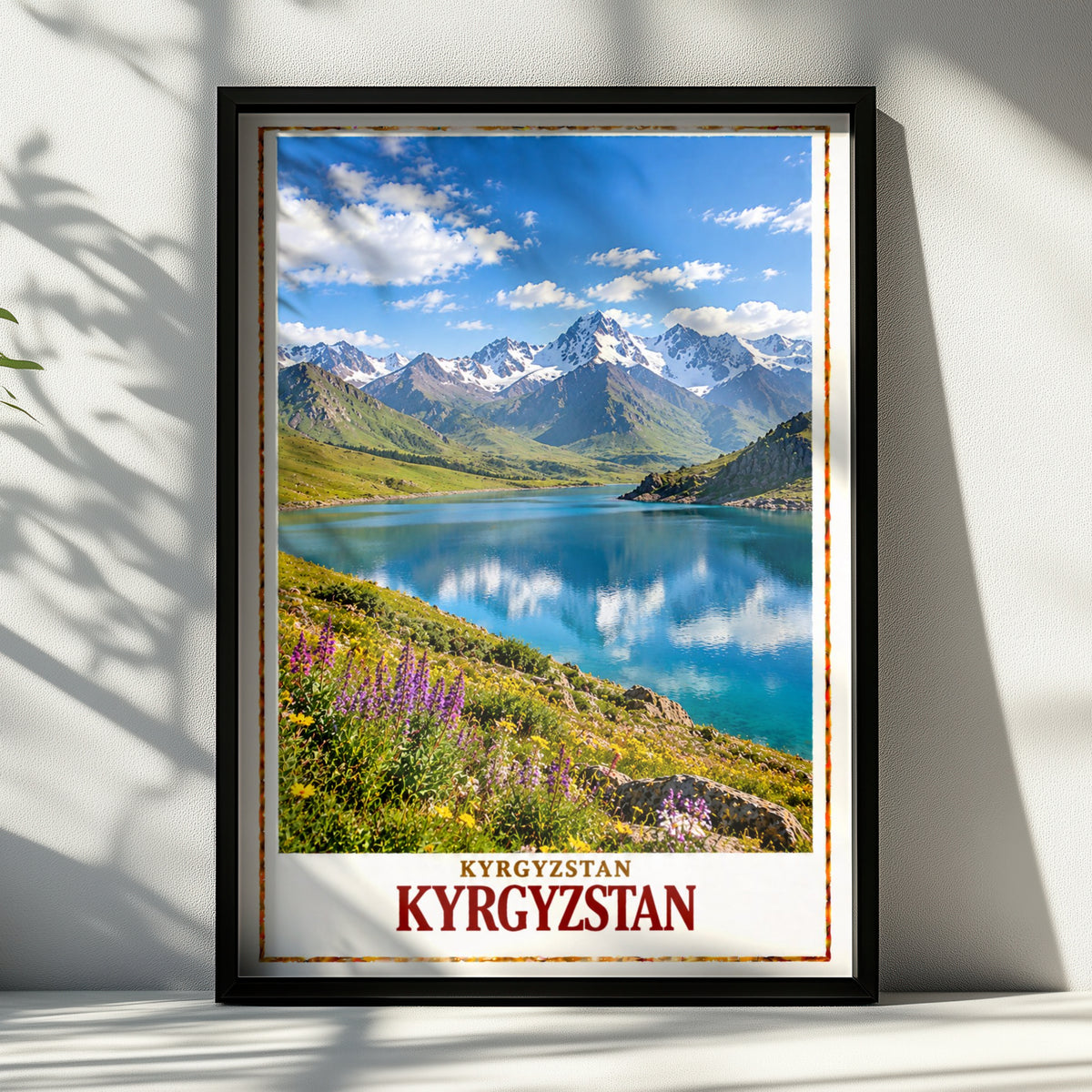 Kyrgyzstan Travel Poster, Central Asia Mountain Lake Wall Art, Tian Shan Snow Peaks Print, Alpine Wildflowers, Adventure Travel Gift