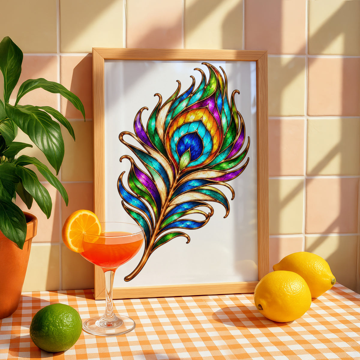 Peacock Feather Poster, Stained Glass Style Wall Art, Colourful Boho Print, Jewel Tone Home Decor, Gold Art Nouveau Feather Print