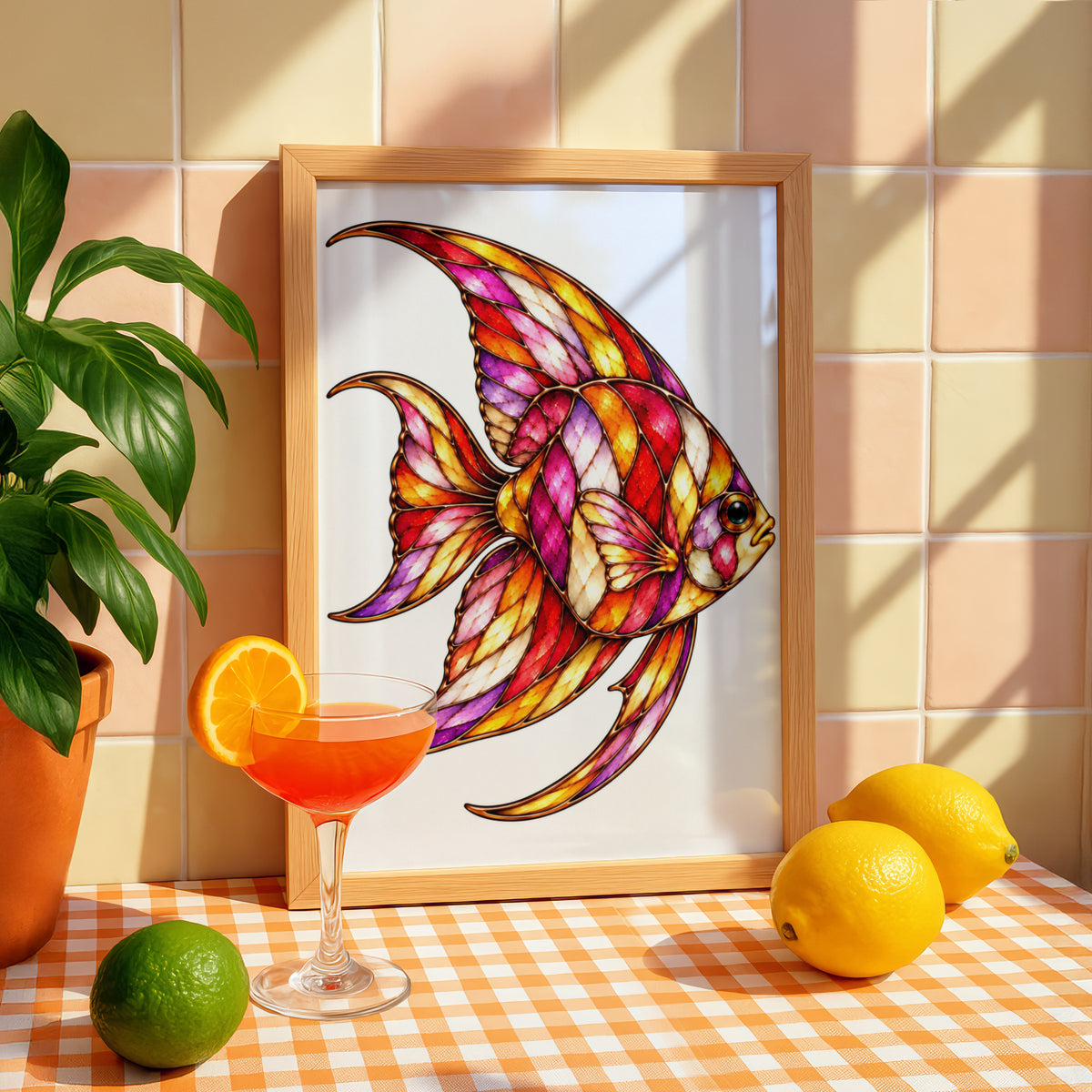 Stained Glass Angelfish Poster, Colourful Fish Wall Art, Vibrant Ocean Art Print, Tropical Fish Decor, Red Gold Purple Bathroom Bedroom