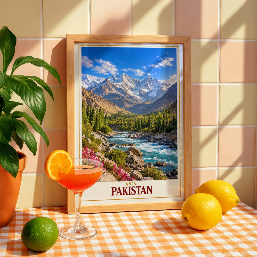 Pakistan Travel Poster, Karakoram Mountain Valley Wall Art, Turquoise River Landscape Print, Asian Adventure Home Decor Gift