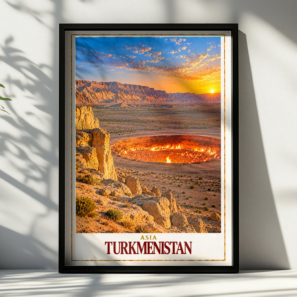Turkmenistan Travel Poster, Door to Hell Darvaza Crater Wall Art, Central Asia Desert Landscape Print, Fiery Sunset Adventure Home Decor
