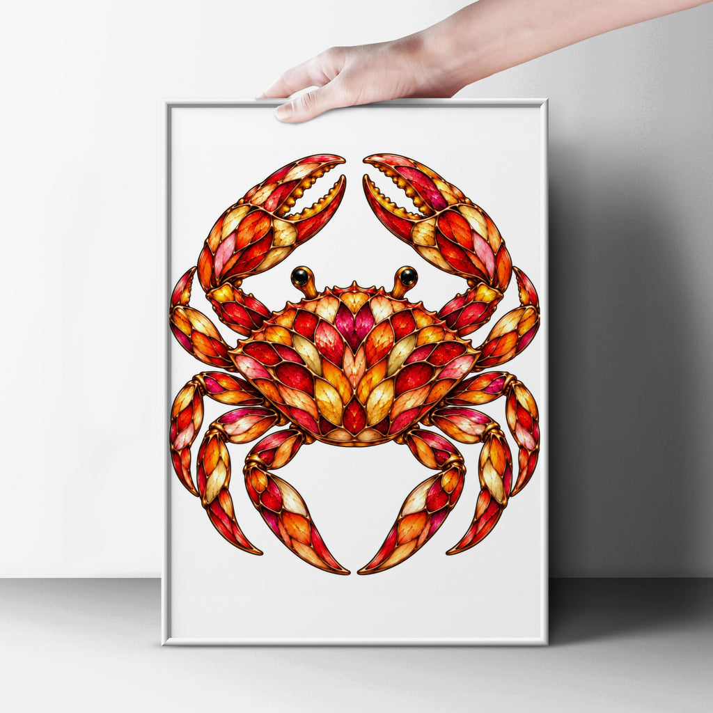 Stained Glass Crab Poster, Red Orange Gold Crab Wall Art, Coastal Wildlife Print, Cancer Zodiac Decor, Nautical Animal Art Poster