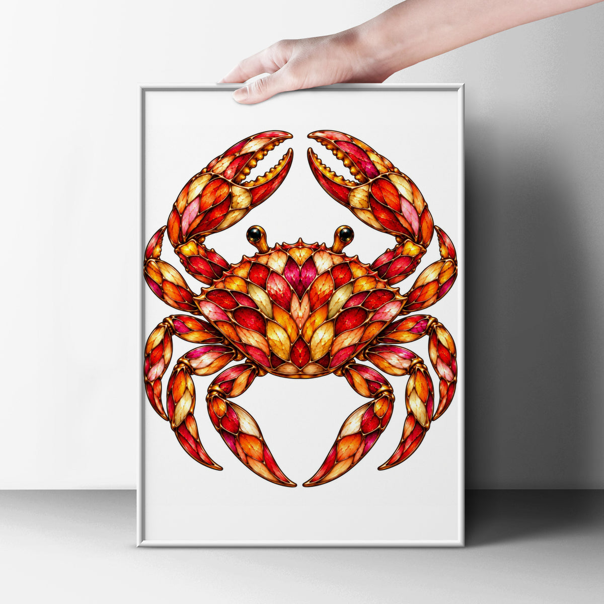 Stained Glass Crab Poster, Red Orange Gold Crab Wall Art, Coastal Wildlife Print, Cancer Zodiac Decor, Nautical Animal Art Poster