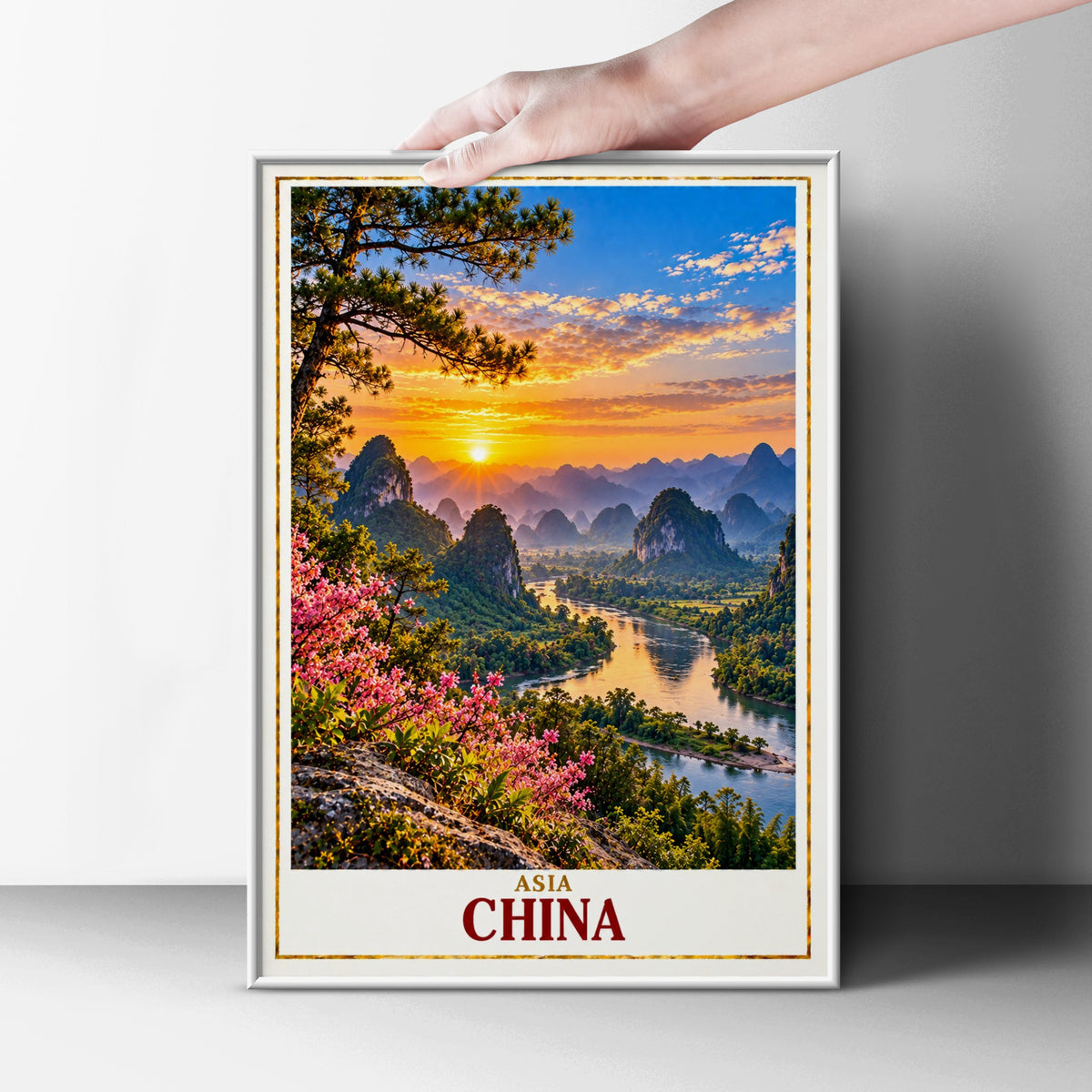 China Travel Poster, Guilin Karst Mountains Li River Sunset Wall Art, Asian Landscape Print, Living Room Decor, China Gift for Travellers