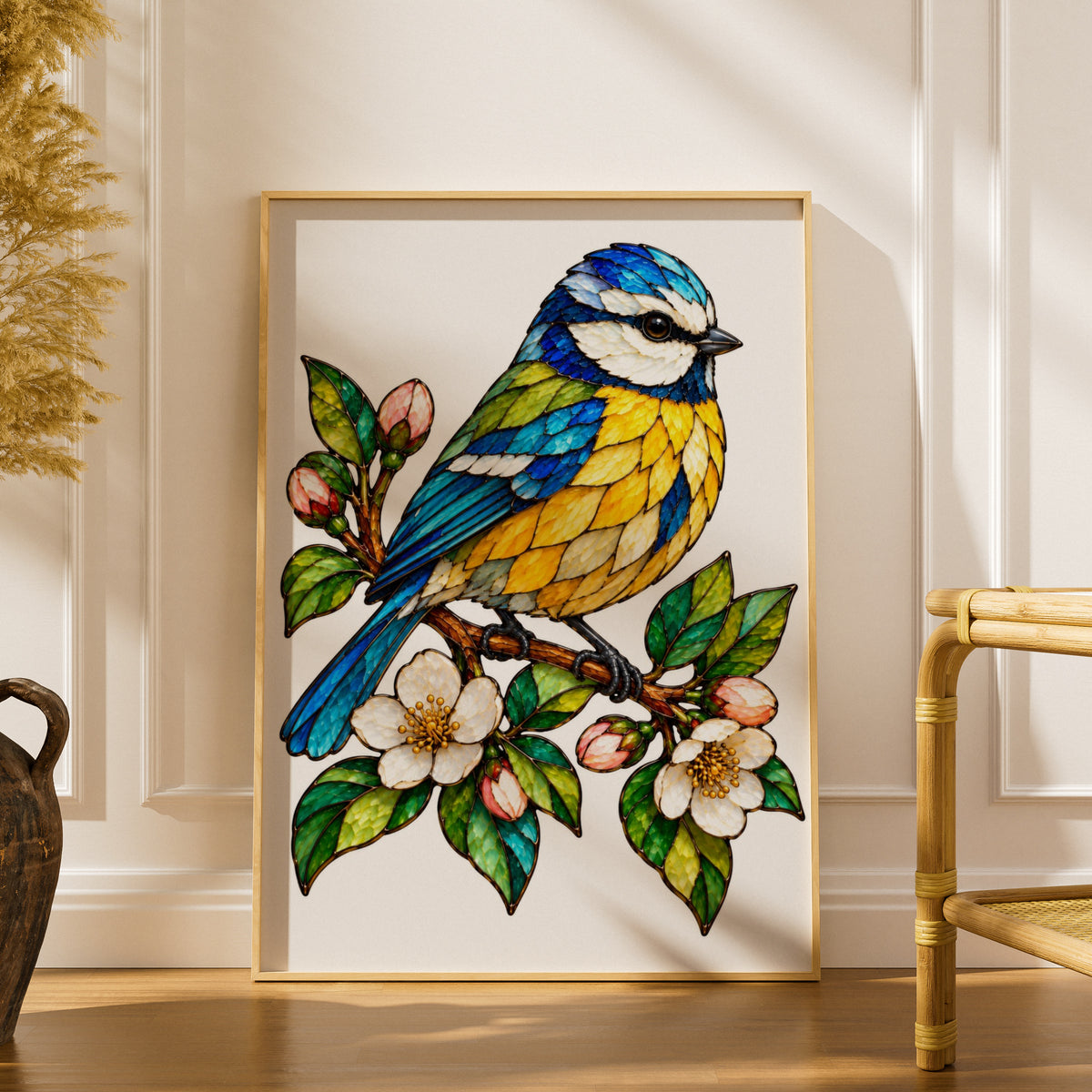 Blue Tit Stained Glass Style Poster, Botanical Bird Wall Art, Colourful Blue Yellow Garden Bird Print, Spring Blossom Nature Poster