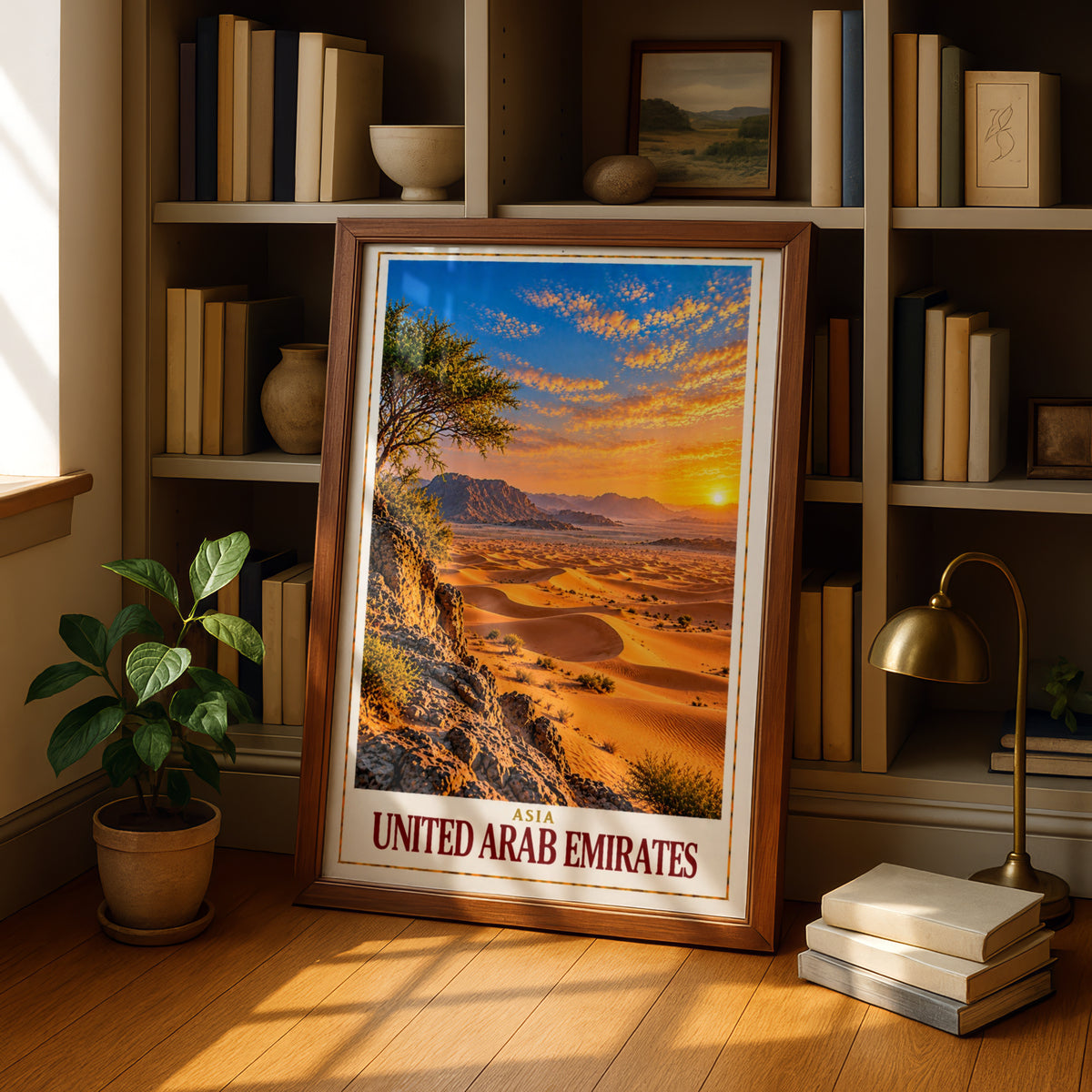 United Arab Emirates Travel Poster, UAE Desert Sunset Wall Art, Sand Dunes Print, Middle East Landscape, Dubai Abu Dhabi Decor Gift