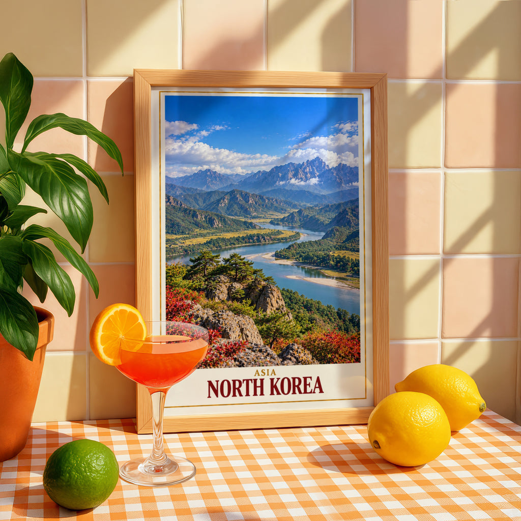 North Korea Travel Poster, Asian Mountain Landscape Wall Art, River Valley Print, Korea Scenic Nature Poster, Living Room Gallery Wall Decor