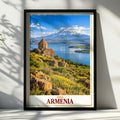 Armenia Travel Poster, Lake Sevan Church Wall Art, Mount Ararat Print, Caucasus Landscape, Yerevan Gift, Vintage Style Travel Art Poster