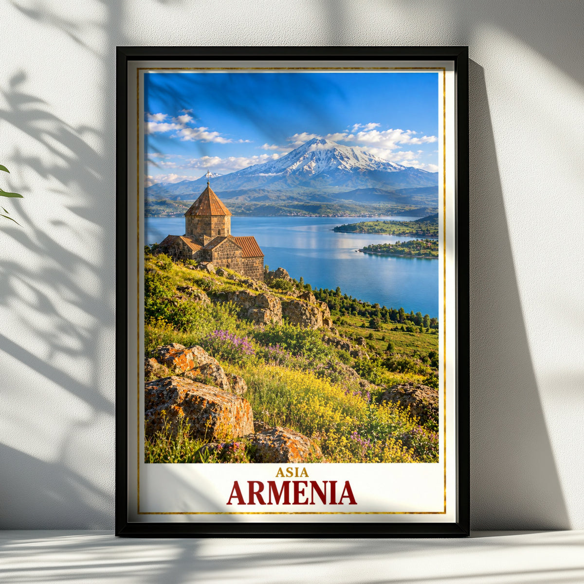 Armenia Travel Poster, Lake Sevan Church Wall Art, Mount Ararat Print, Caucasus Landscape, Yerevan Gift, Vintage Style Travel Art Poster