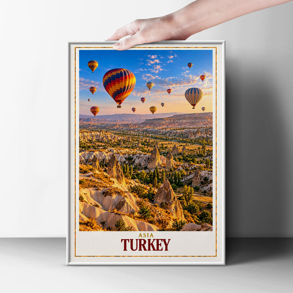 Turkey Travel Poster, Cappadocia Hot Air Balloon Print, Fairy Chimneys Wall Art, Turkish Landscape, Wanderlust Gift, Living Room Decor
