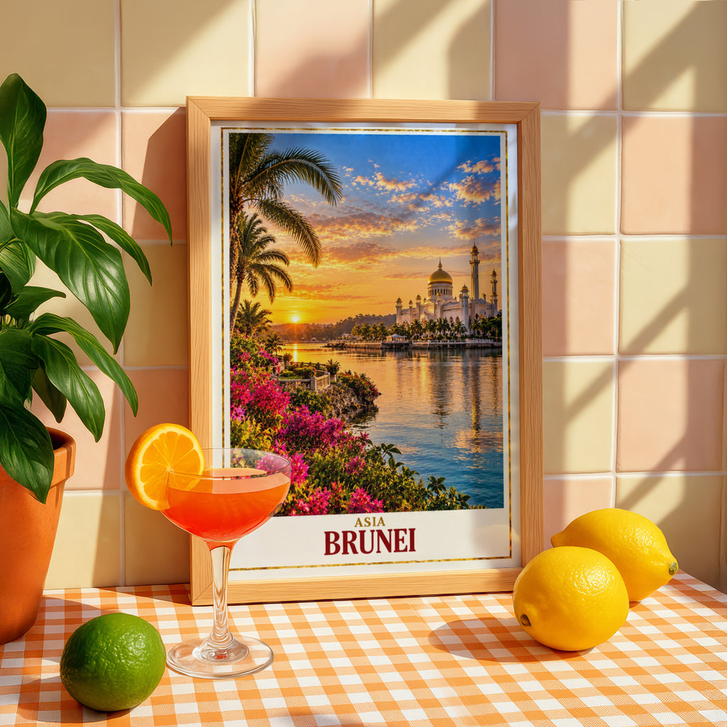 Brunei Travel Poster, Omar Ali Saifuddien Mosque Wall Art, Southeast Asia Sunset Print, Bandar Seri Begawan Decor, Golden Dome Mosque Poster