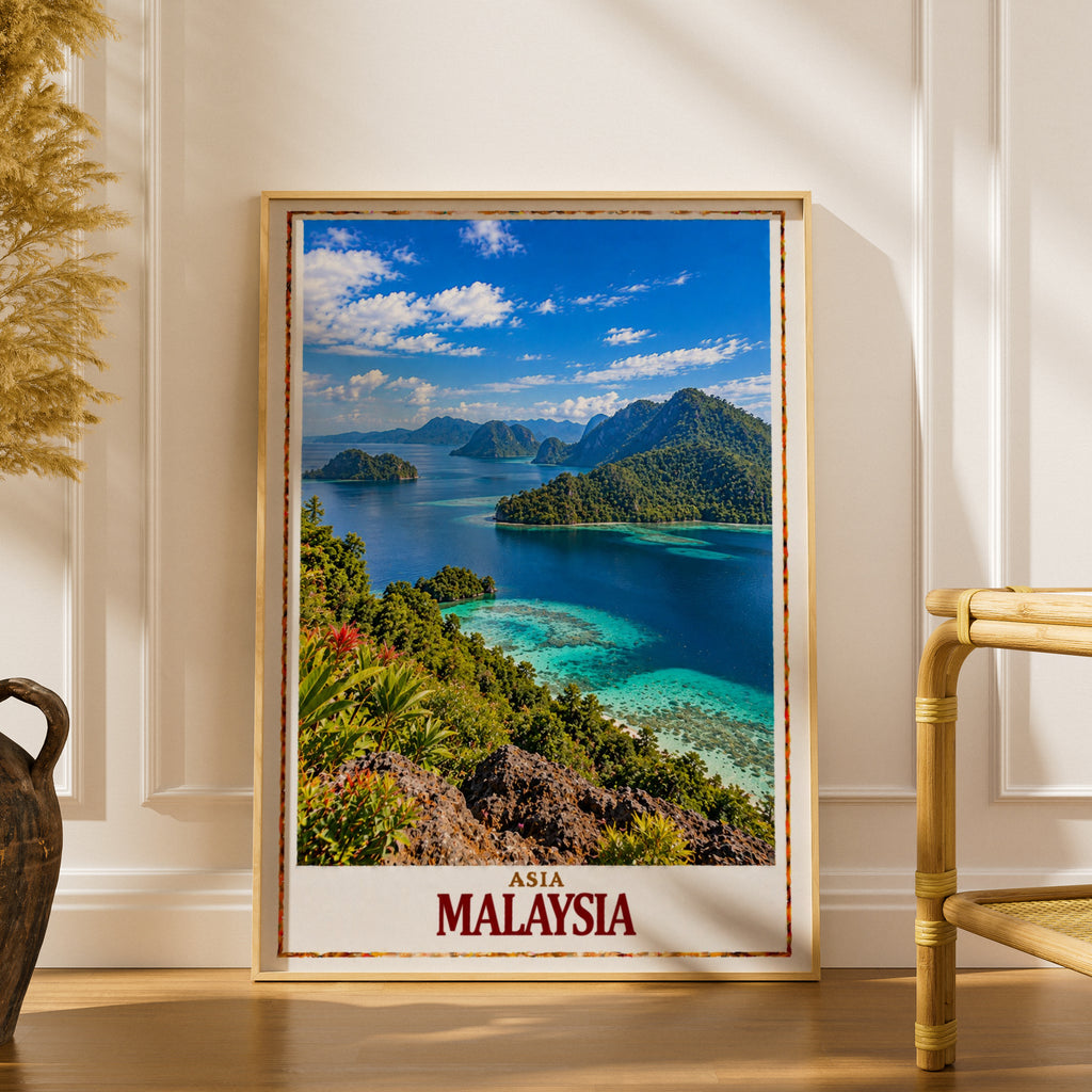 Malaysia Travel Poster, Tropical Island Wall Art, Southeast Asia Print, Turquoise Ocean, Jungle Landscape, Holiday Gift for Travellers