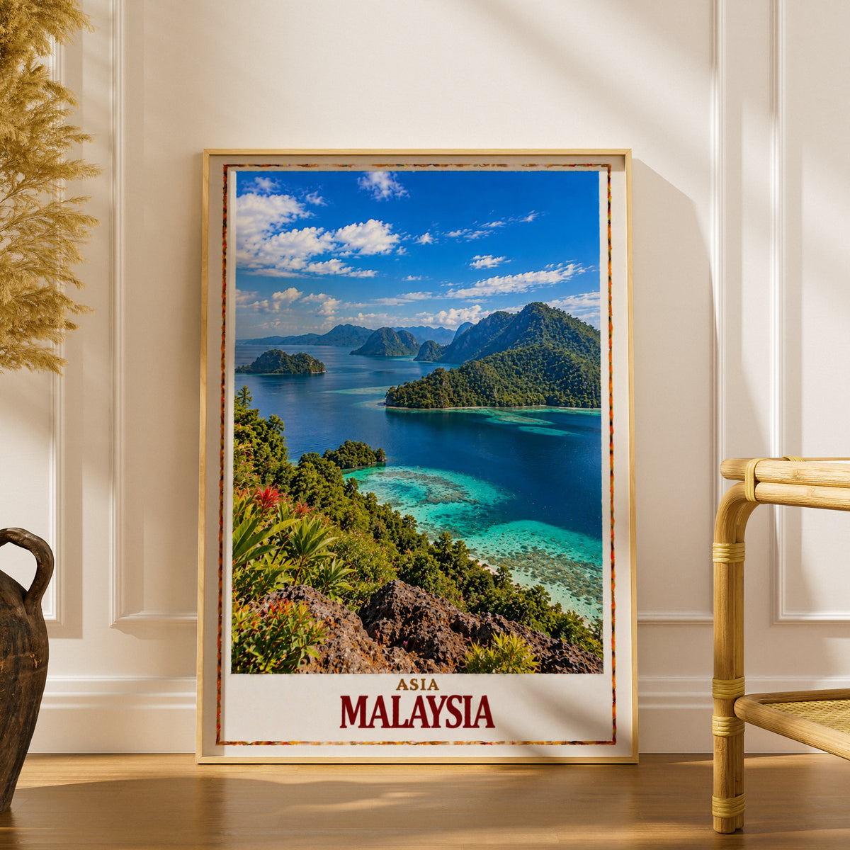 Malaysia Travel Poster, Tropical Island Wall Art, Southeast Asia Print, Turquoise Ocean, Jungle Landscape, Holiday Gift for Travellers