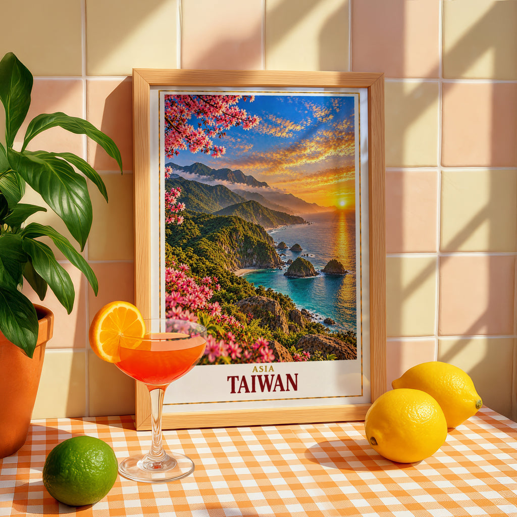 Taiwan Travel Poster, Asia Coastal Sunset Wall Art, Cherry Blossom Mountain Landscape Print, Turquoise Sea Cliffs Home Decor Gift