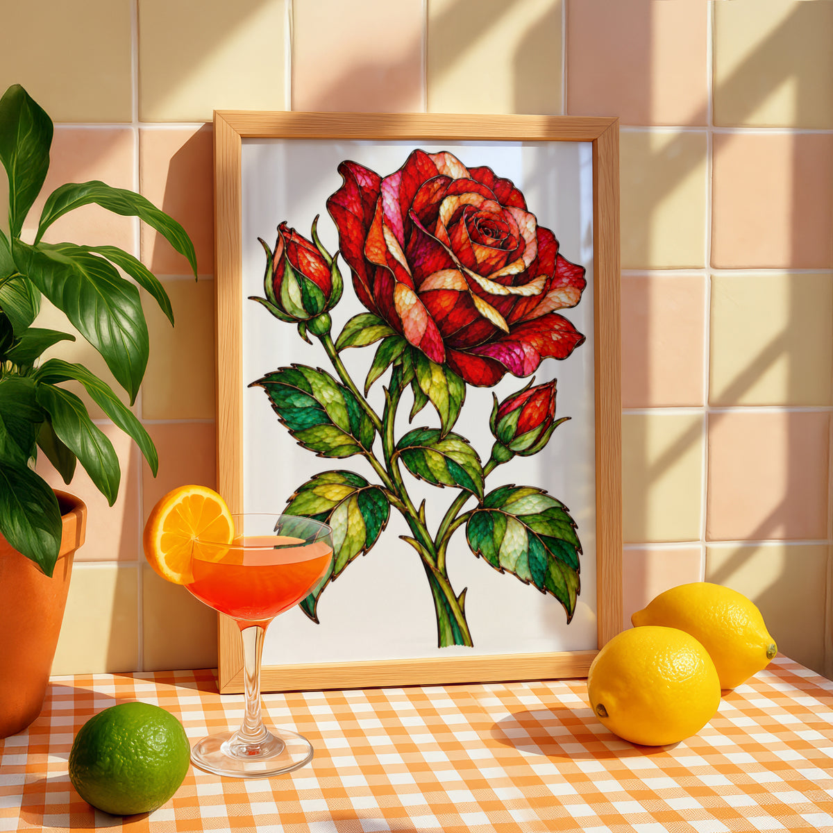 Stained Glass Red Rose Poster, Botanical Floral Wall Art, Rose Bud Print, Living Room Bedroom Decor, Vibrant Flower Illustration Poster