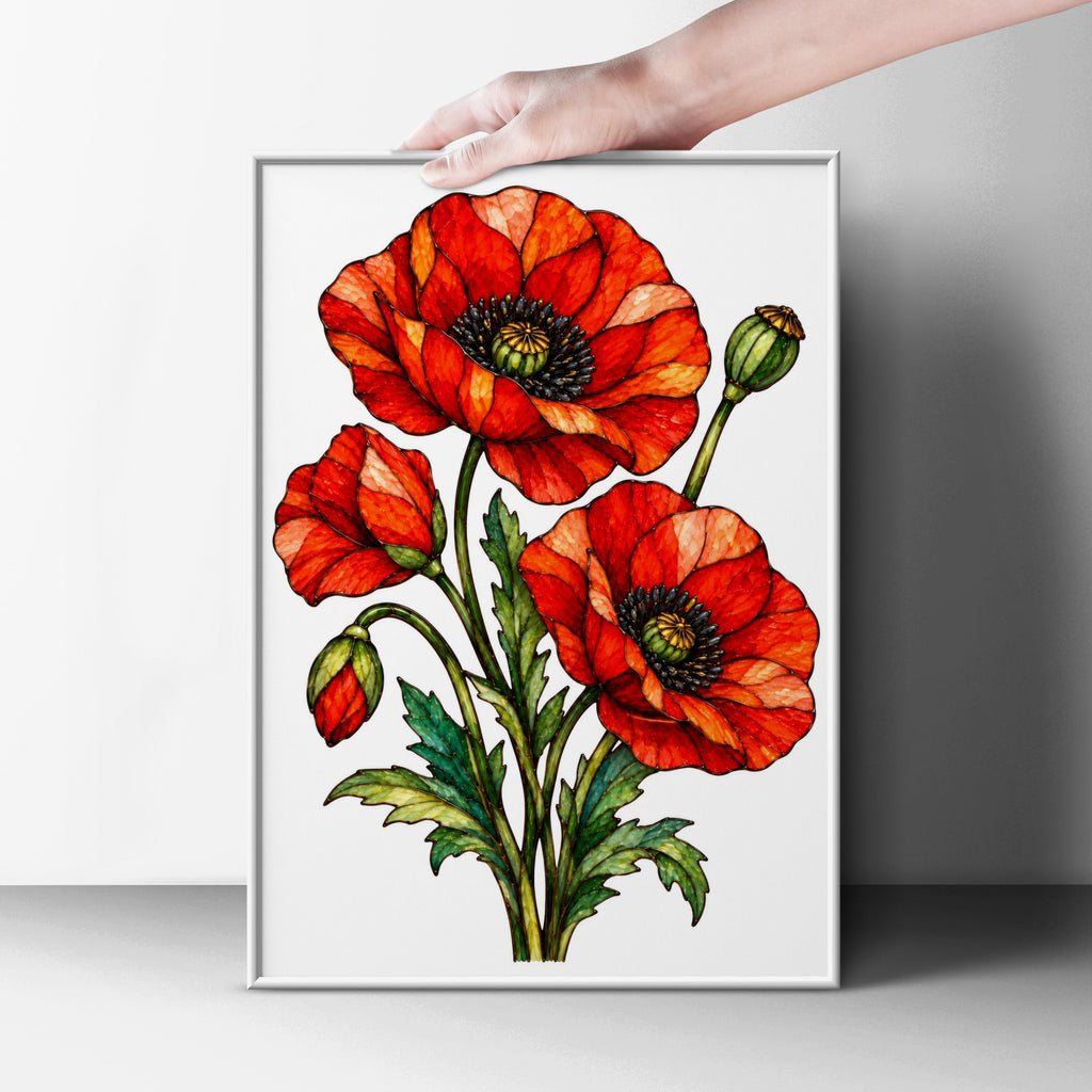 Red Poppy Flower Poster, Stained Glass Style Botanical Wall Art, Floral Print, Remembrance Poppy Home Decor, Living Room Art Gift