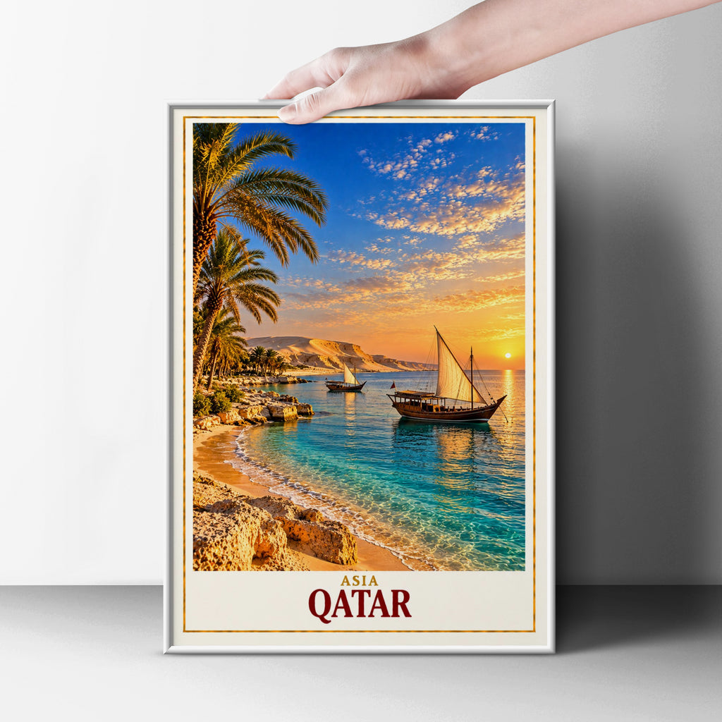 Qatar Travel Poster, Arabian Gulf Dhow Sunset Wall Art, Middle East Beach Print, Palm Tree Coastal Decor, Doha Gift Poster