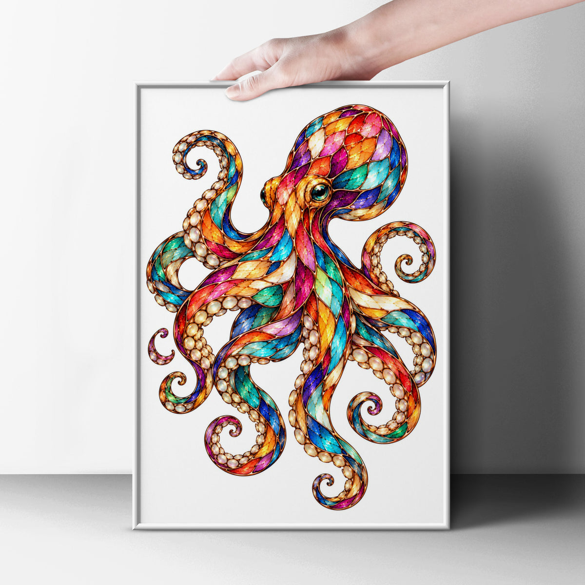 Colourful Octopus Poster, Stained Glass Style Wall Art, Jewelled Sea Creature Print, Ocean Animal Art, Boho Coastal Decor, Vibrant Fantasy