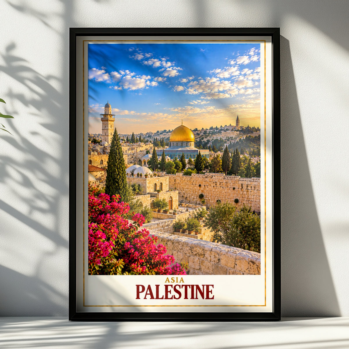 Palestine Travel Poster, Jerusalem Dome of the Rock Wall Art, Old City Print, Middle East Cityscape, Islamic Architecture Home Decor Gift