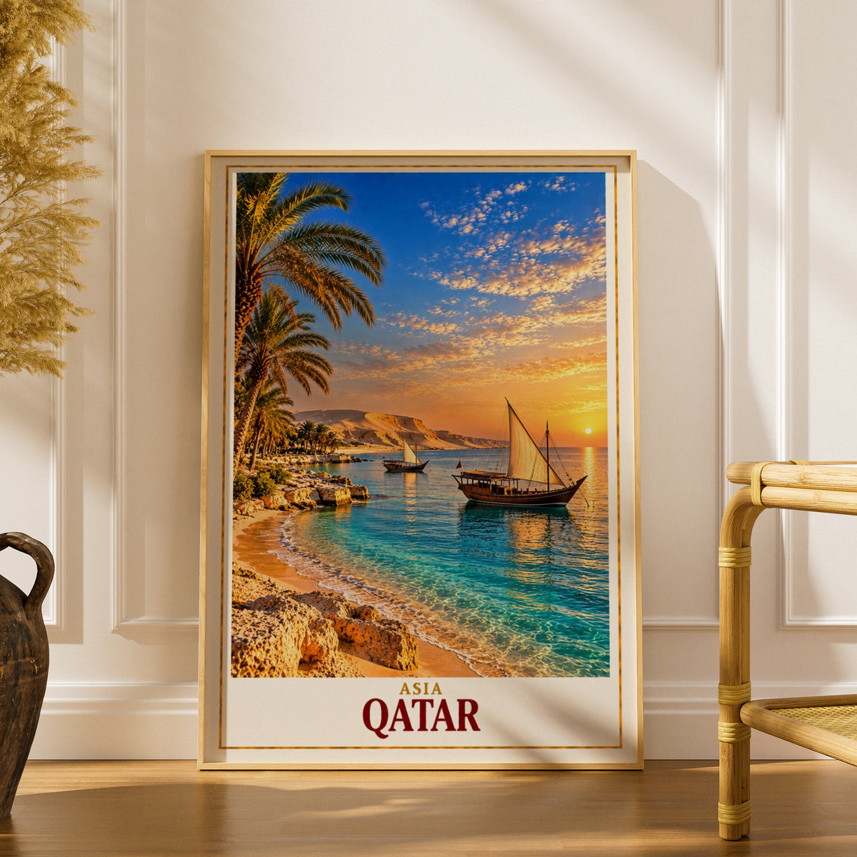 Qatar Travel Poster, Arabian Gulf Dhow Sunset Wall Art, Middle East Beach Print, Palm Tree Coastal Decor, Doha Gift Poster
