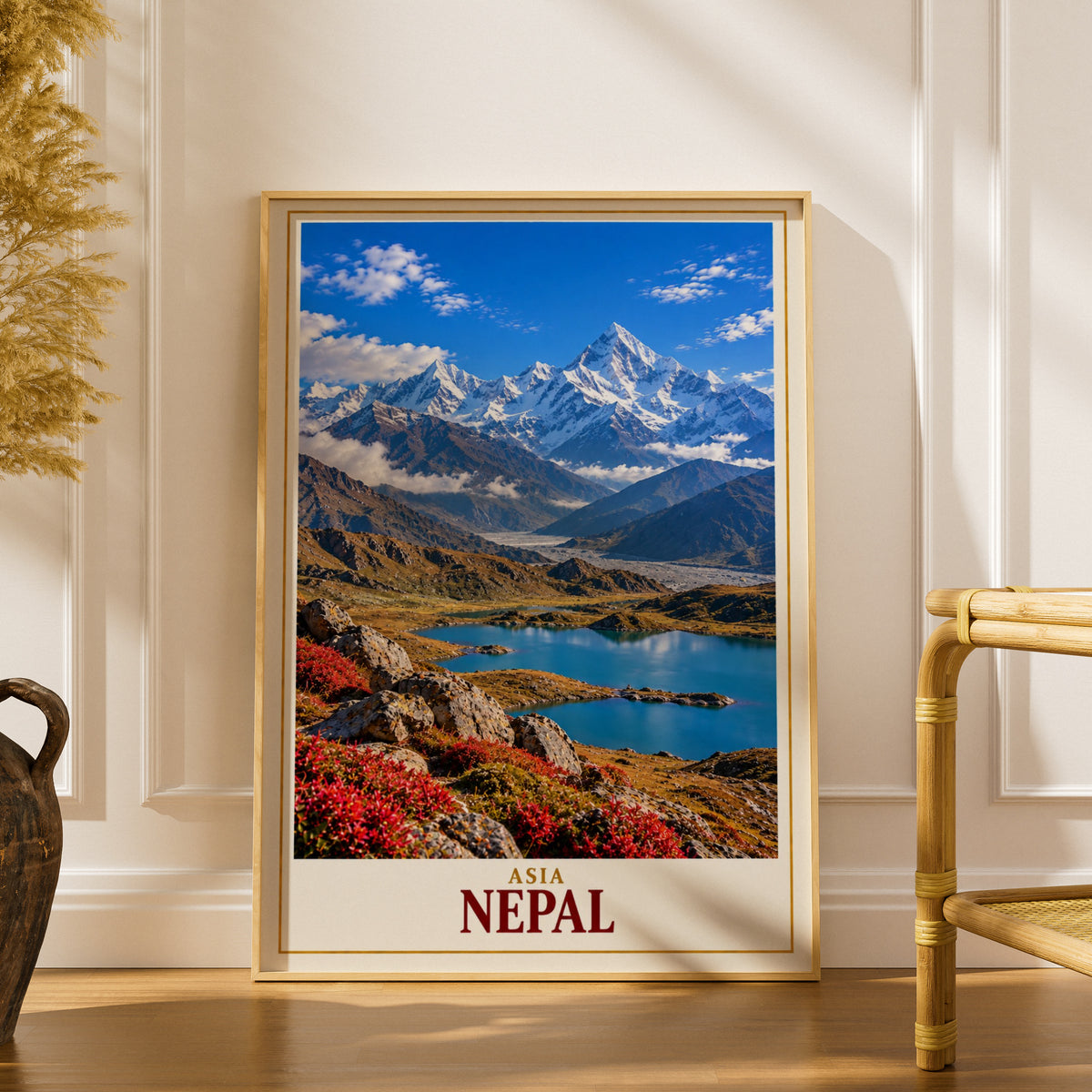 Nepal Travel Poster, Himalayan Mountain Lake Print, Asia Wall Art, Snow Capped Peaks Landscape, Trekking Gift, Adventure Home Decor Poster