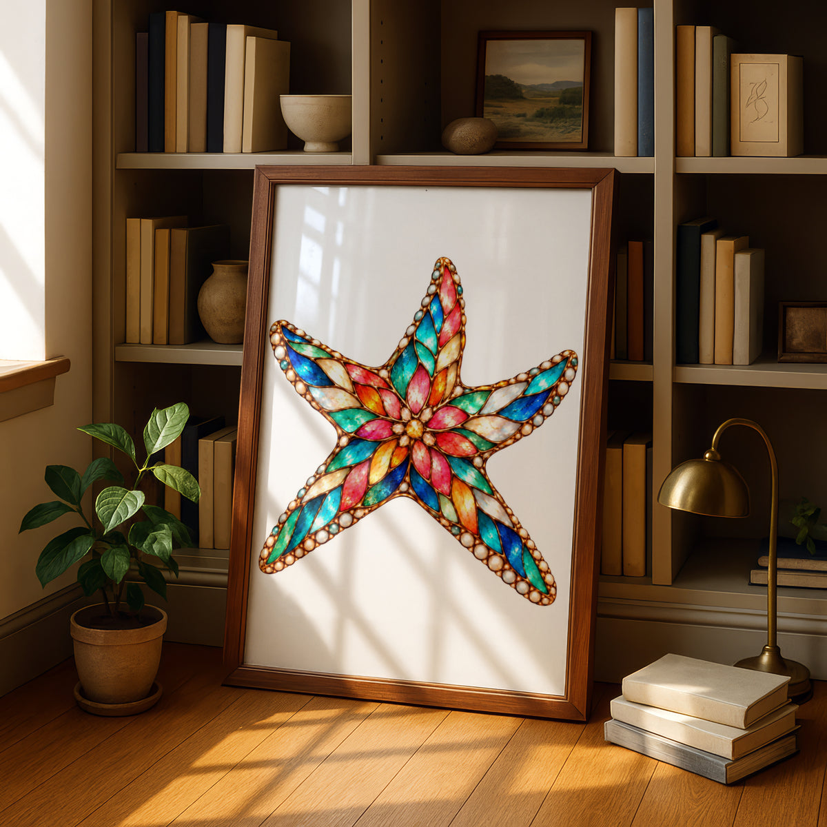 Stained Glass Starfish Poster, Jewelled Sea Star Art Print, Colourful Coastal Wall Art, Ocean Bathroom Decor, Nautical Beach House Print