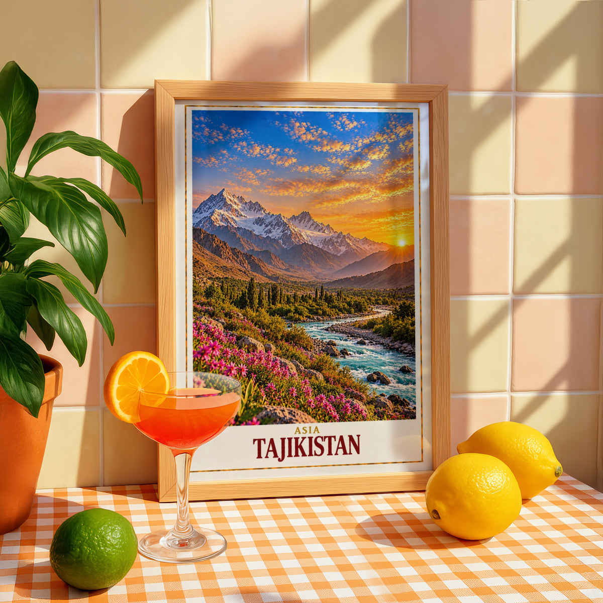 Tajikistan Travel Poster, Central Asia Mountain Landscape Print, Pamir Sunset Wall Art, Turquoise River Pink Wildflowers Home Decor Gift