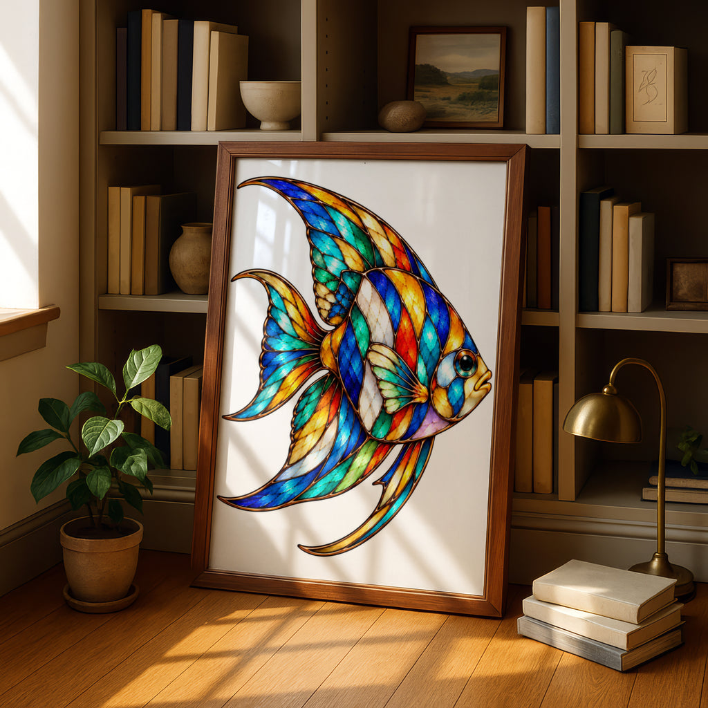 Stained Glass Angelfish Poster, Colourful Fish Wall Art, Tropical Fish Print, Aquatic Home Decor, Ocean Wildlife Poster for Living Room